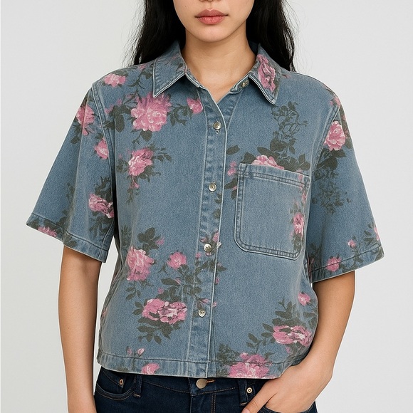 Bibi Floral Denim Bottom Down Shirt - Picture 1 of 5